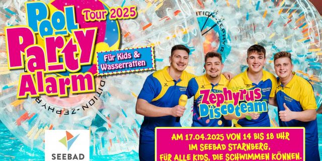 Poster der Party Alarm Tour, zeigt lebendige Grafiken und Details zur Veranstaltung, einschließlich Datum und Ort.